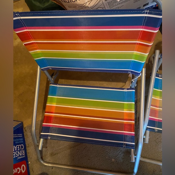 Vintage Beach Low Lawn Aluminum Chairs Striped Blue Pink Yellow Green set of/2 - Picture 2 of 5